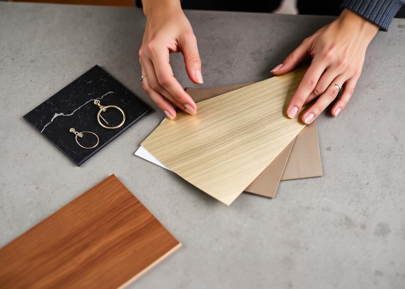 Materiaalstalen van thermowood, donker natuursteen en geborsteld messing op een betonnen tafel