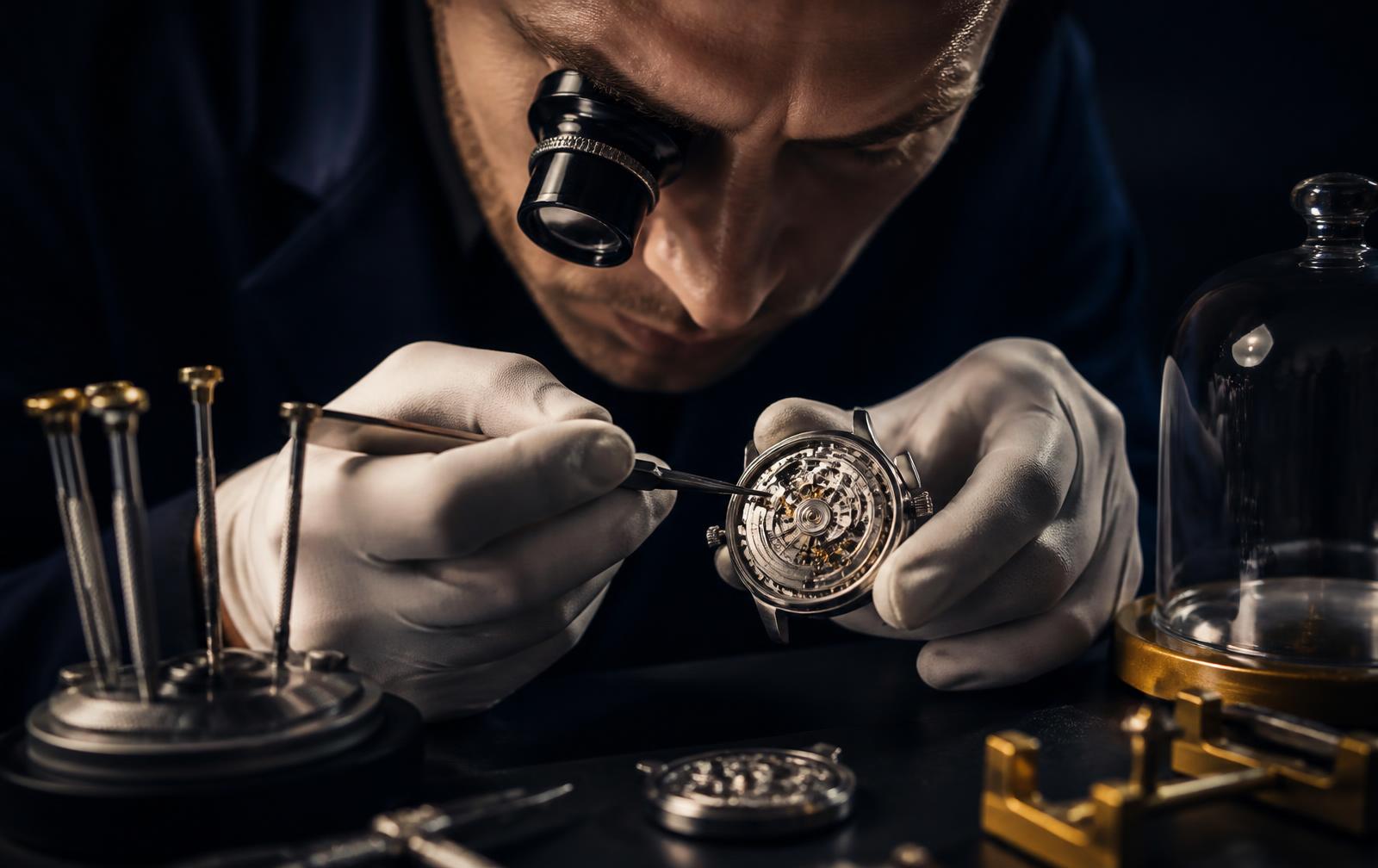 Watchmaker inspecting a movement under a loupe