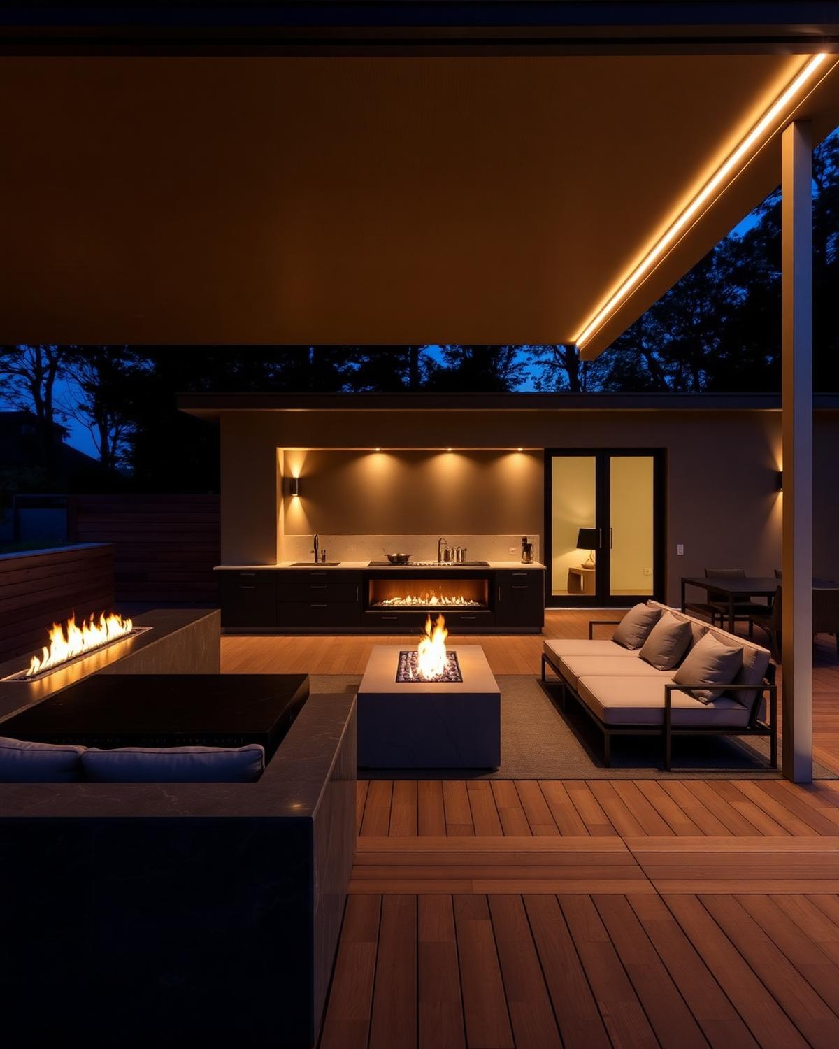 Outdoor living terras met buitenkeuken en vuurelement