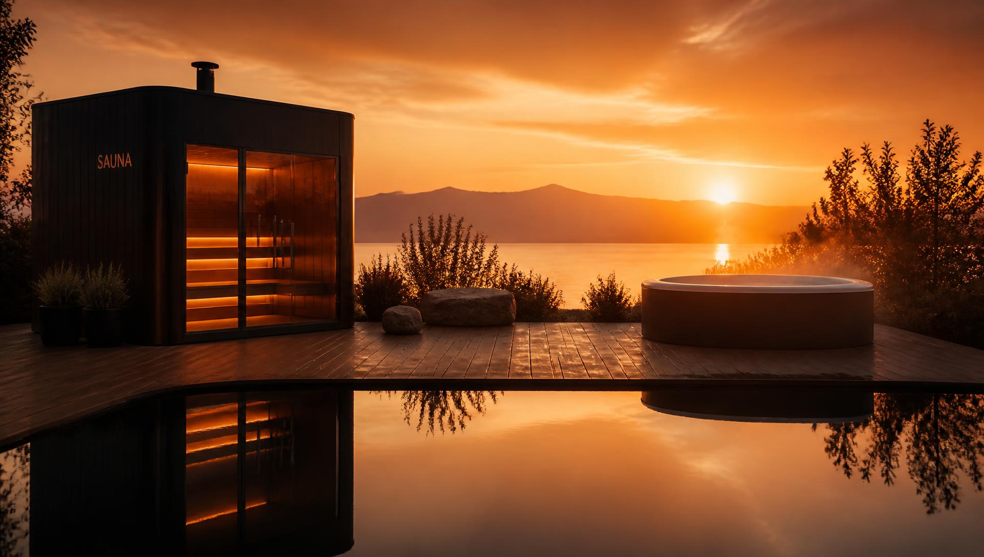 Luxe outdoor wellnessterras met sauna en spa bij zonsondergang