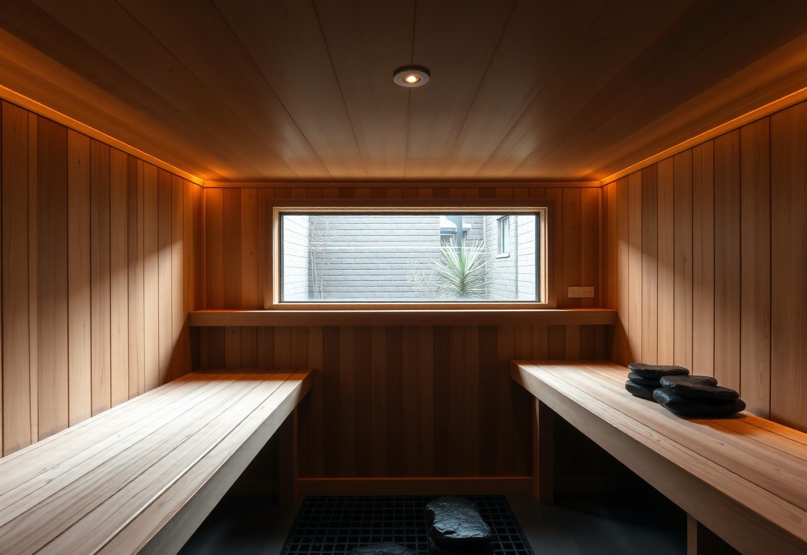 Interieur van de buitensauna met espenhouten banken en een smal raam op de tuin