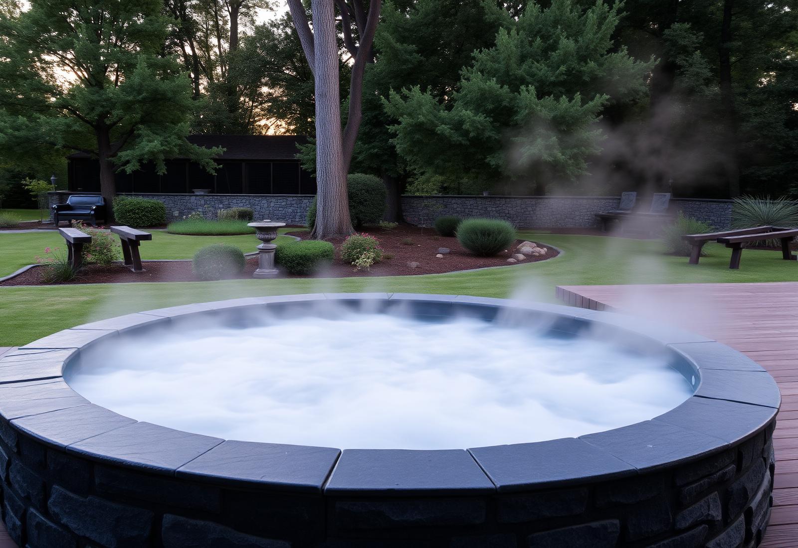 Verdiepte spa met donkere natuurstenen rand en dampend water