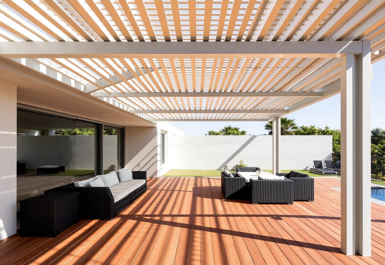 Bioclimatic pergola met lamellendak boven een loungeterras