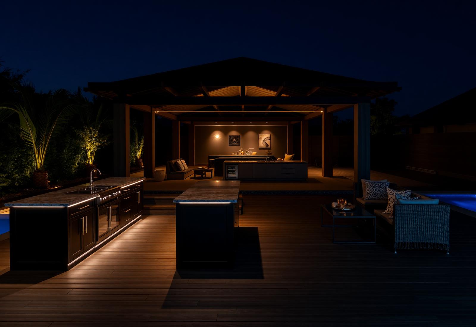 Buitenkeuken en loungeterras van het resort bij avond