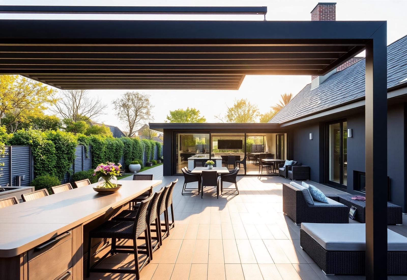 Loungeterras met lamellenpergola over de volledige gevelbreedte