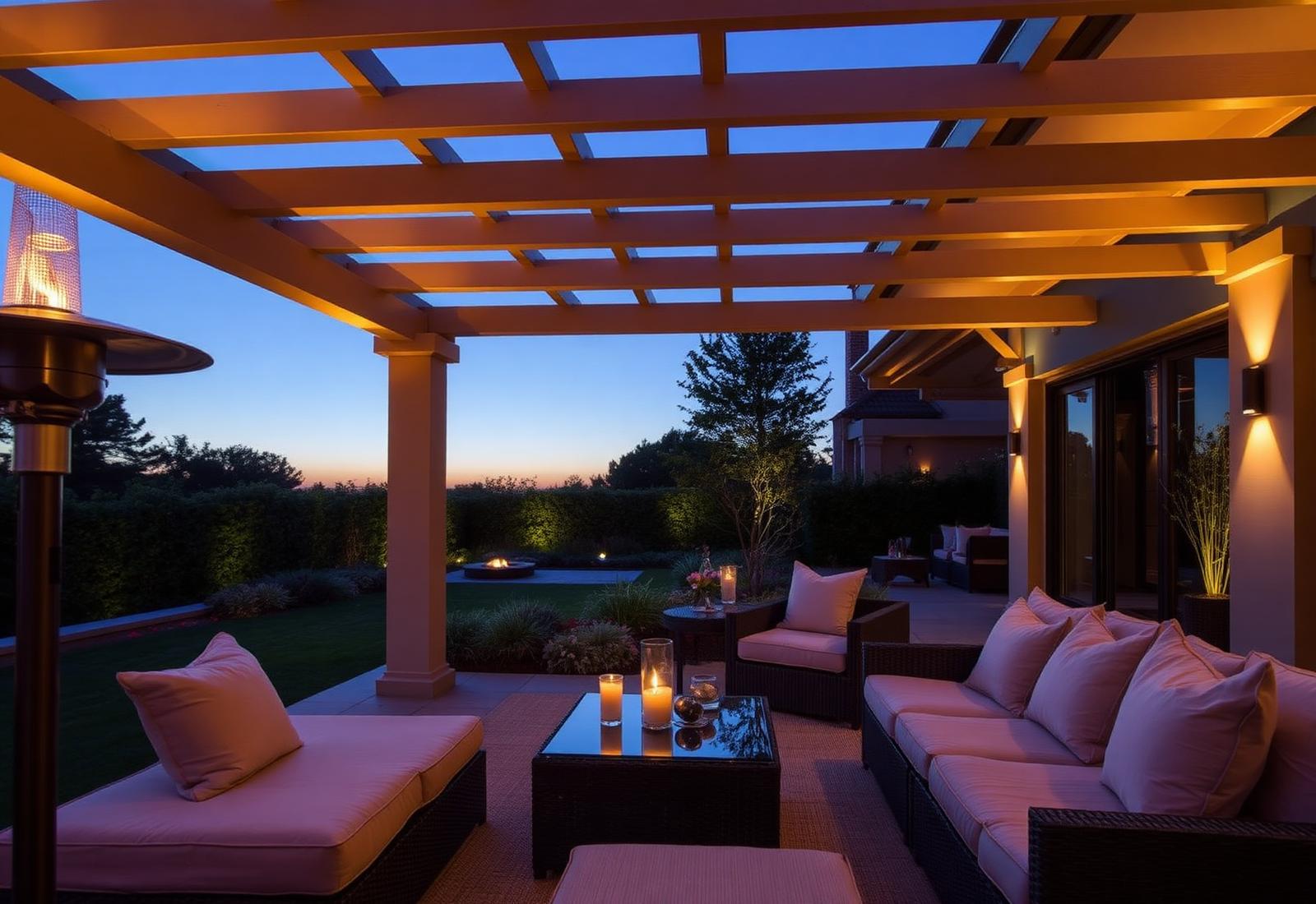 Terras onder de pergola bij avond met warme verlichting en terrasverwarming