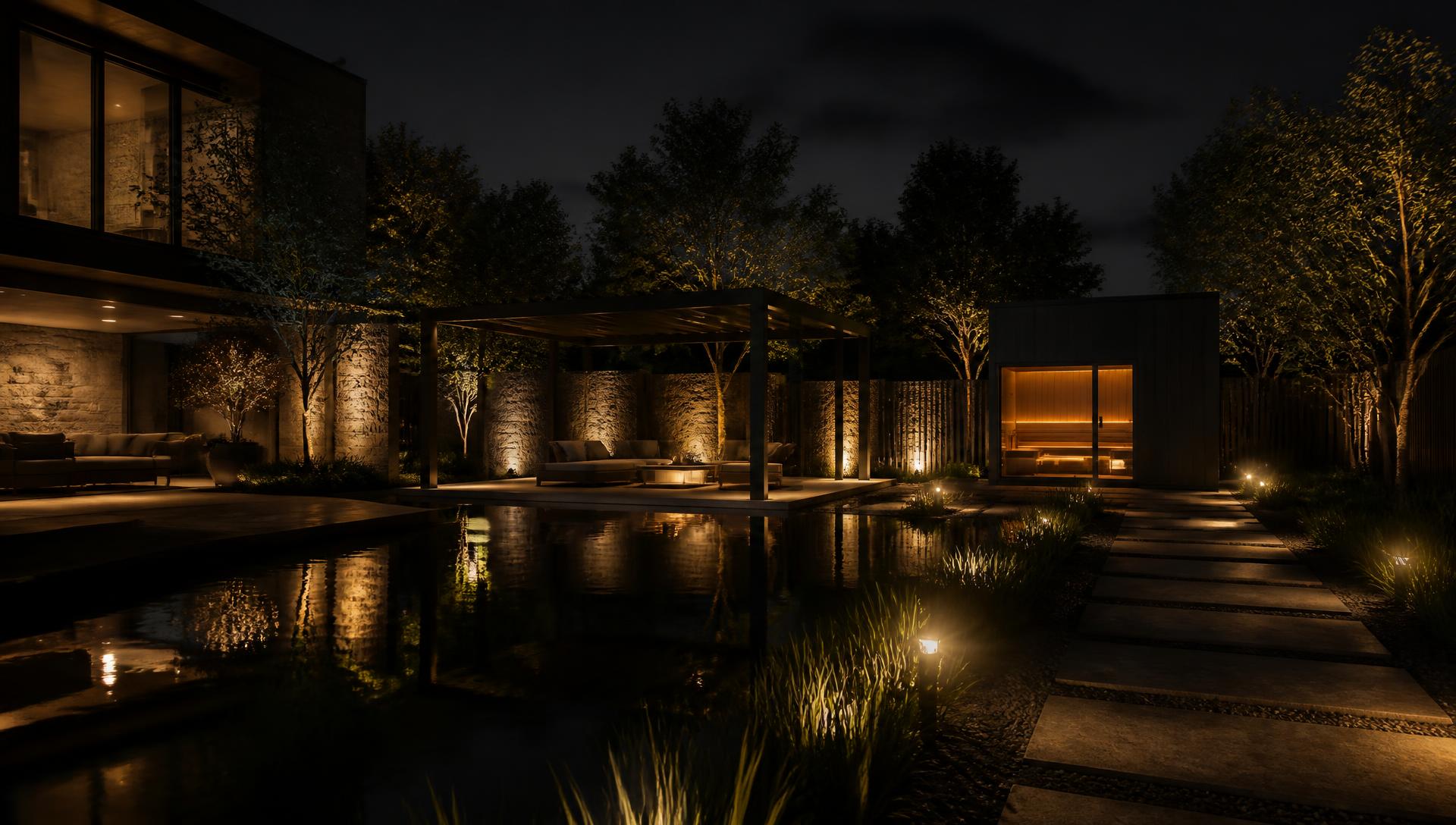 Verlicht wellnesspaviljoen bij een villa in de avond