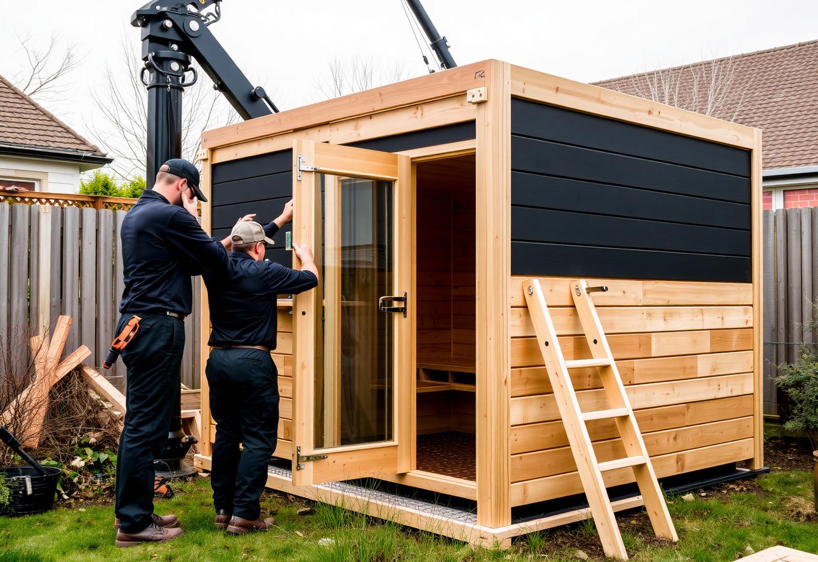 Monteurs bouwen een zwarte buitensauna op in een tuin