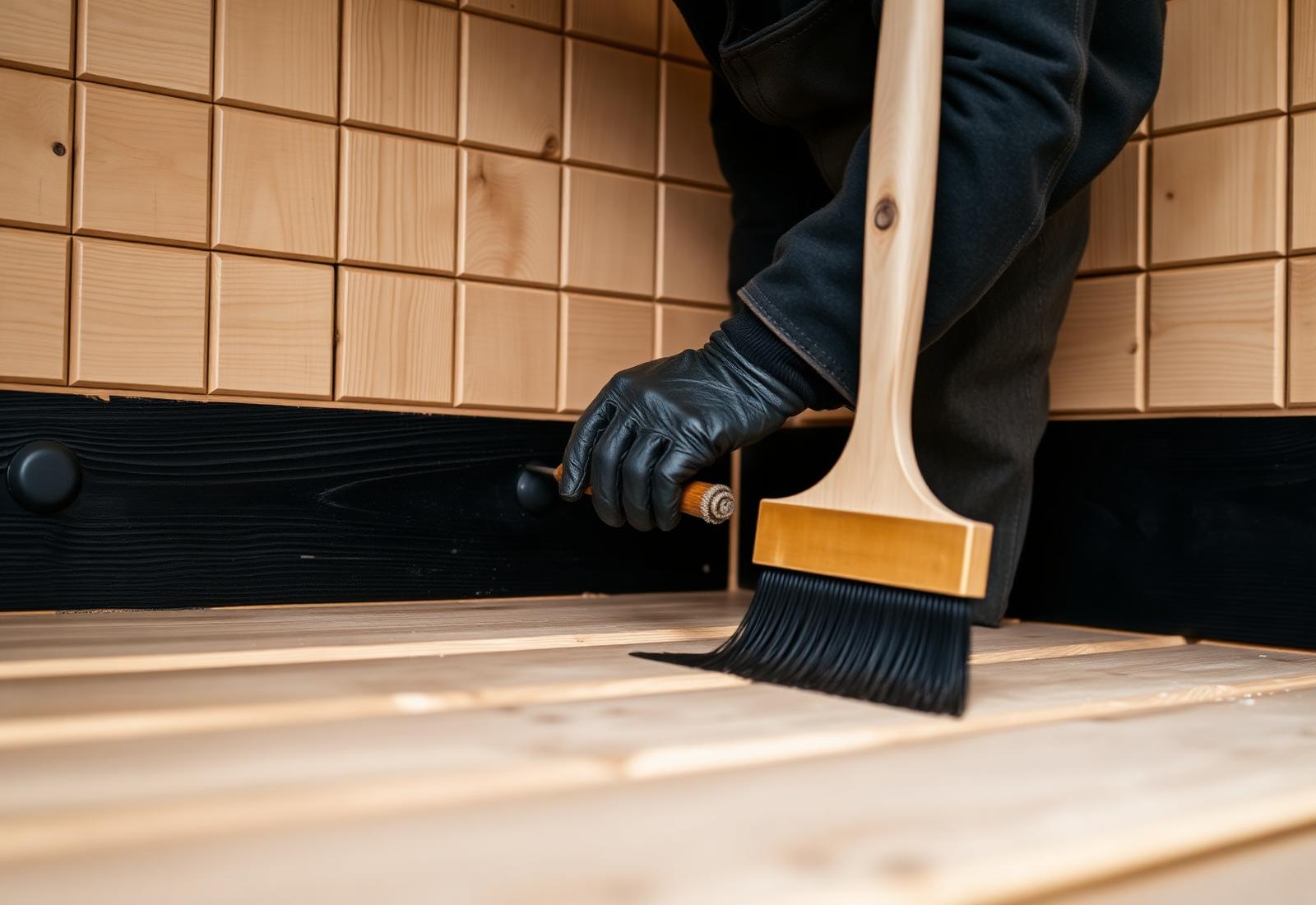 Vakman werkt zwarte houten gevelbekleding af met olie
