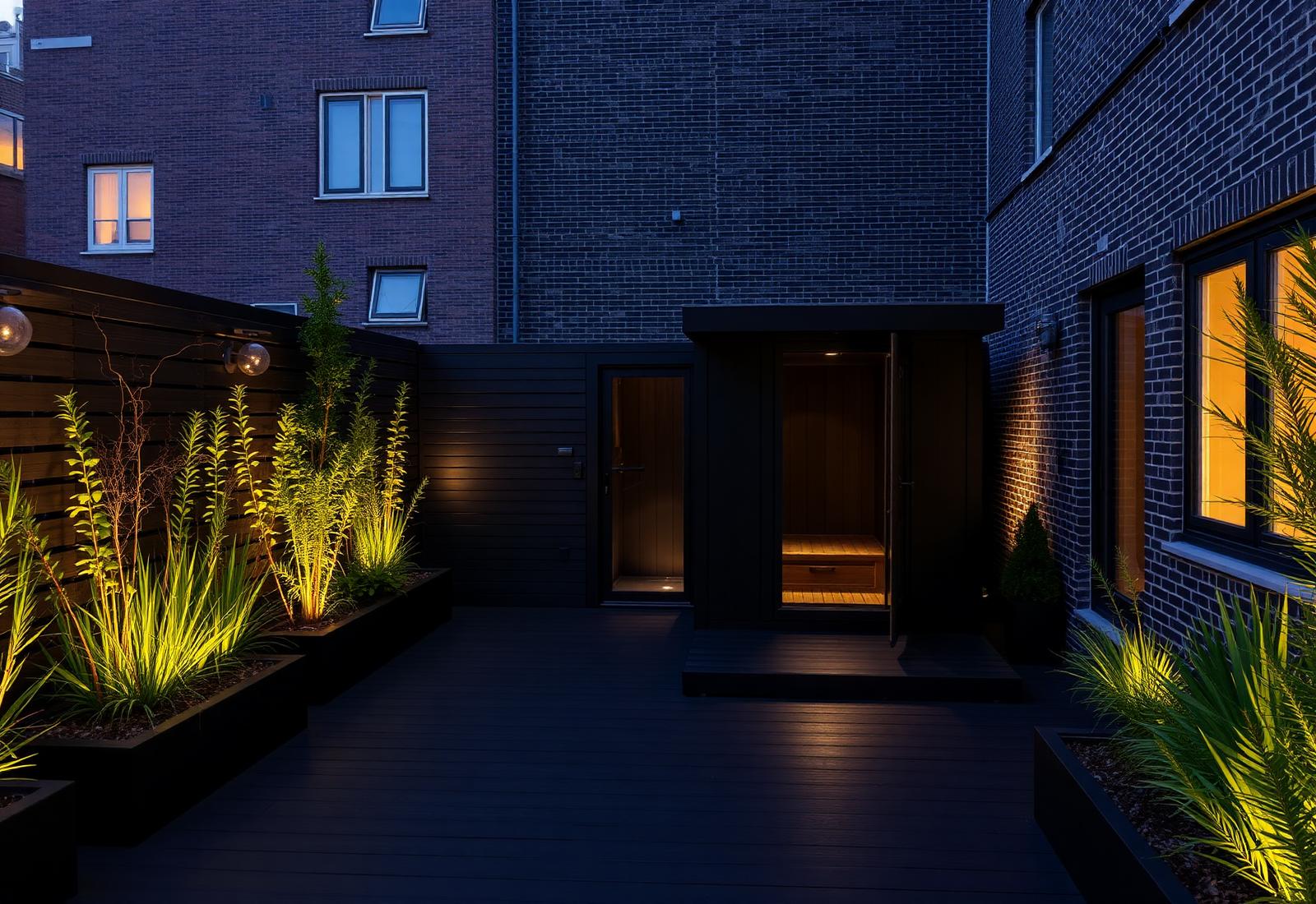 Private wellness stadstuin in Amsterdam met zwarte sauna en verlichting