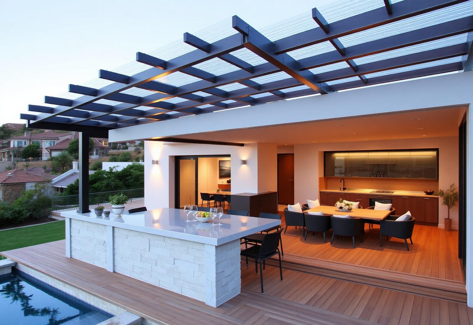Outdoor living terras in Bloemendaal met pergola, buitenkeuken en lounge